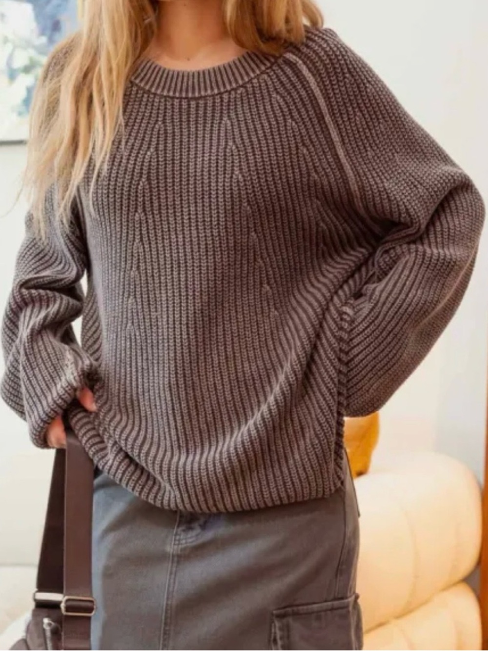 Blu Pepper Brown Slouchy Knit Cotton Crewneck Sweater Medium
